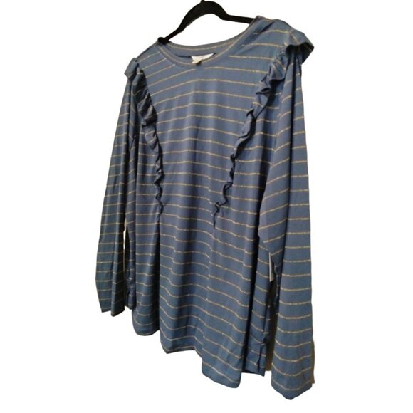 Terra & Sky 3X Long-Sleeve Blue Top With Gold Stripes Ruffle Accents - Picture 3 of 9
